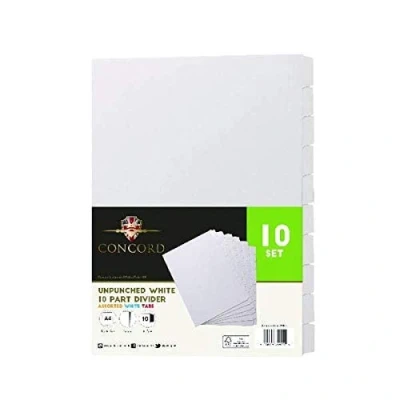 Image of Concord Unpunched Divider 10 Part A4 150gsm White (Pack of 10) 75801+ Finchley Pen Free