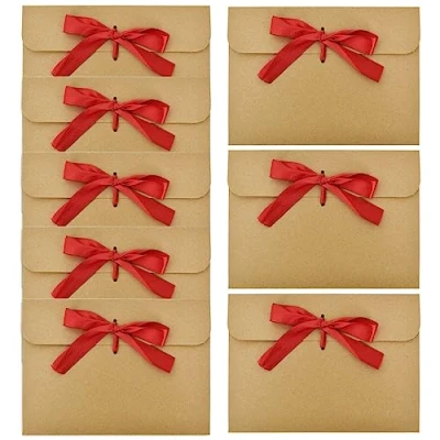 Image of 50pcs Gift Envelopes, Kraft Paper Envelopes with Ribbons, Money Cash Folding Cards, Greeting Invitation, Vintage for Valentine&#039;s Day, Mother&#039;s Day (Burgundy Ribbons)