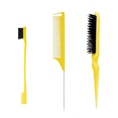 Image of 3 Pieces Hair Styling Comb Set, Double Sided Edges Brush, Teasing Brush Rat Tail Comb, Plastic Bristle Edge Control for Home, Hairdressers (Yellow)