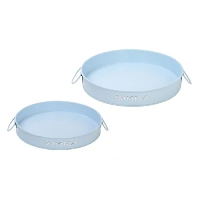Image of simpa Round 2PC Metal Colour Serving Trays Set with Handles, 30cm &amp; 25cm Diameter Matt Blue