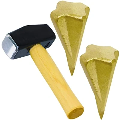 Image of SPARES2GO Log Splitter Hammer Kit (4lb / 2kg Hickory Lump Club Sledge + Wood Splitting Maul Wedges x 2)