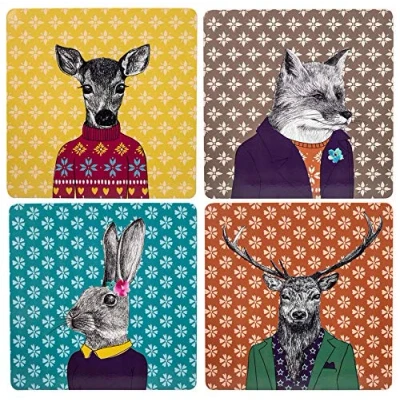 Image of English Tableware Set of 4 After Dark Woodland Creatures Square Cork Backed Placemats, Mixed Designs
