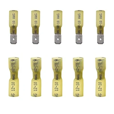 Image of Yosawo 100 pieces Fully Insulated Heat Shrink Spade Connectors Quick Disconnect Female/Male Wire Crimp Terminals 12 10 AWG Yellow (RSGMY)