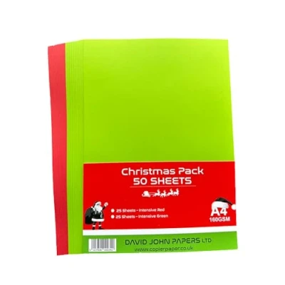Image of DJP 160 GSM A4 Christmas Festive Coloured Card Red/Green (Pack of 50 Sheets) 25 Intensive Red &amp; Green