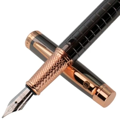 Image of Edgedale Kirkbeck Fountain Pen, Smooth Flow Medium Nib, with 2 Black Ink Cartridges, Refill Piston Converter, Pen Sleeve Case, Gift Box Gunmetal Grey Rose Gold Trim