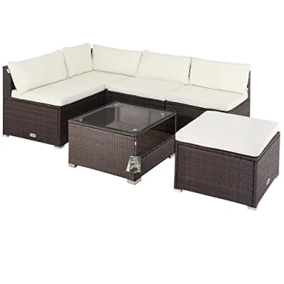 Image of CASARIA® Perth XL Polyrattan Garden Corner Lounge Furniture Set 5 Seater Weatherproof Seats with Cushions 5mm Safety Glass Top Table Outdoor Patio Sofa Brown Cream