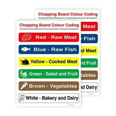 Image of Pack of 2 Colour Coded Chopping Board Sign Self Adhesive Water Proof Vinyl Sticker 150mm x 200mm V1106