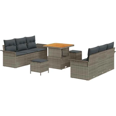 Image of vidaXL 9 Piece Garden Sofa Set with Cushions Grey Poly Rattan Acacia