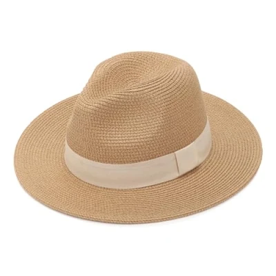 Image of DRESHOW Women Straw Panama Hat Fedora Beach Sun Wide Brim Roll up Cap UPF 50+