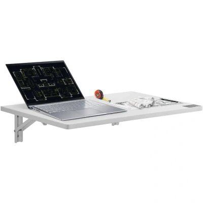 Image of VEVOR Wall Mounted Folding Table, 23.62&quot; x 15.75&quot; Mount Drop Leaf Floating Desk with Iron Bracket, Fold Down for Small Spaces, Home Office, Dining, Laundry Room, Kitchen, Bar, White