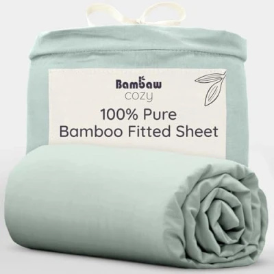 Image of Bambaw Bamboo Fitted Sheet King Size 150x200 cm, Deep Pocket 35cm, Anti Allergy Sheets, 100% Bedding, Elasticated Soft Dust Mite Cooling Sheets cm (Sea Glass)