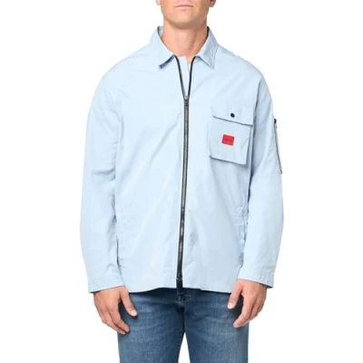 Image of HUGO Men&#039;s Cotton Mix Canvas Zip Up Overshirt, Blueberry Ice, XL