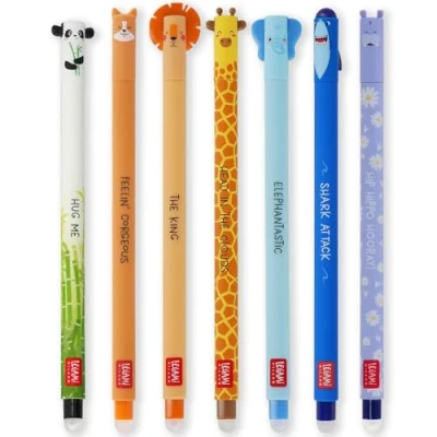 Image of LEGAMI Set of 7 Erasable Gel Pens with Thermosensitive Erase Ink, Range ink colours &amp; barrel designs, 0.7mm Tip, Panda, Corgi, Lion, Giraffe, Elephant, Shark, Hippo Designs