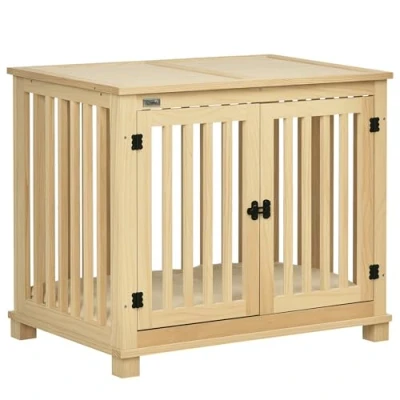 Image of PawHut Wooden Dog Crate End Table w/Double Doors, Furniture Style for Medium Dogs, Indoor Use w/Soft Washable Cushion