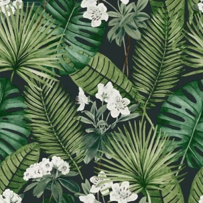 Image of Muriva Eden Isla Tropical Leaf Plants Wallpaper Black/Green M37804
