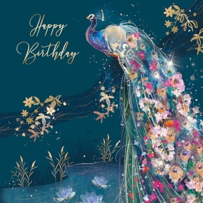 Image of Cherry Orchard Peacock Happy Birthday Card with Stunning Gold Foil Detail and envelope from the Grace Range