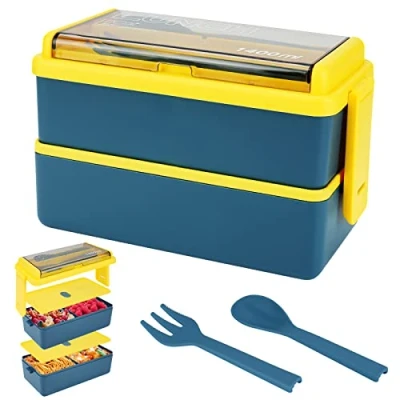 Image of Yirochan 1400ml Lunch Box Stackable Bento 2 Layer with Spoon Fork, Meal Prep Container for Students Adults Office School Microwave Dishwasher Safe Available (Blue)