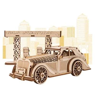 Image of qollorette 3D Wooden Puzzle, DIY Wood Craft Games, Brain Teaser Construction Toys For Adults, Teens, Retro Car And Gas Station Engineering Art Set