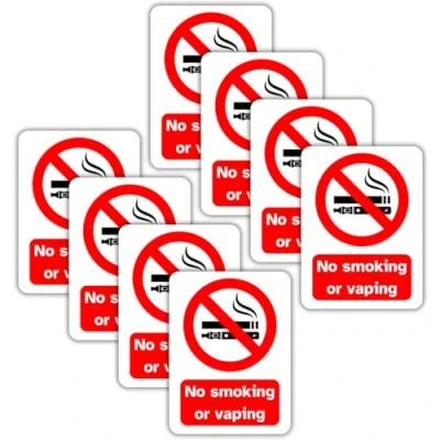 Image of No smoking or Vaping Vinyl Signs, 75mm x 100mm, Self Adhesive Stickers, Waterproof, Indoor/Outdoor Use, Safety Warning Sign, C&amp;J Goods (No and vaping, 8 Pack)