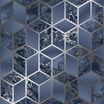 Image of Muriva Elixir Cube Blue Silver Wallpaper 166512 Metallic Geometric Marble