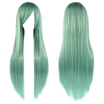 Image of Fouriding 32&quot; Mint Green Women&#039;s Long Straight Full Wigs Costume Synthetic Hair Hairpieces with Oblique Bangs for Halloween Anime Cosplay Party Girl Women +Wig Cap