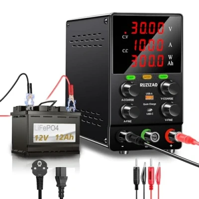 Image of RUZIZAO Bench Power Supply Variable, 30V 10A 300W DC for Battery Charging, Adjustable Switching Regulated with Charging Button, OCP Function, Output Switch
