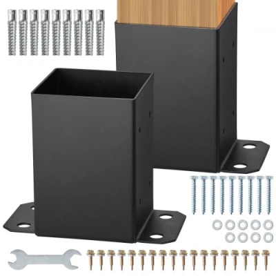 Image of VEVOR 101.6x101.6mm Post Base 2 Pcs, Inner Size 91x91 Brackets, Heavy Duty Powder Coated Anchor Matte Black Wood Brackets for Pavilion Deck Railing Support Plate