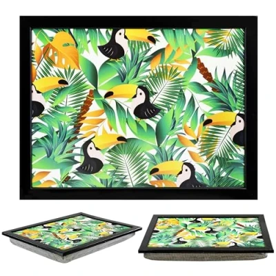 Image of The Magic Toy Shop Wooden Lap Trays with Bean Bag Cushion Large Padded Tray for Kids Adults Food Laptop Bed Table Dinner TV (Tropical)