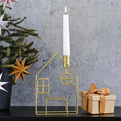 Image of Ginger Ray Gold Metal House Christmas Candle Holder Tabletop Fireplace Decoration