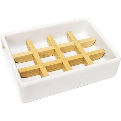 Image of Bamboo Soap Dish Ceramic Bar Holder for Shower Dishes Bathroom,Kitchen,Spong, Wooden Saver Tray by Lofekea