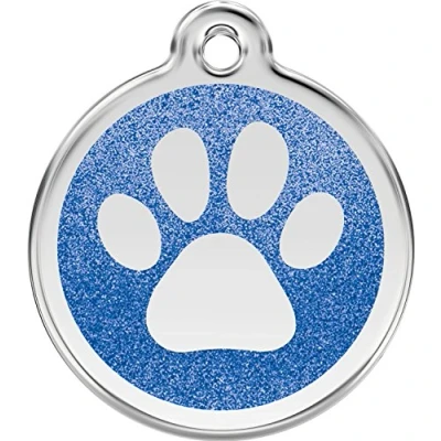 Image of Red Dingo Glitter Paw Print Dog ID Tag (Dark Blue, Small)