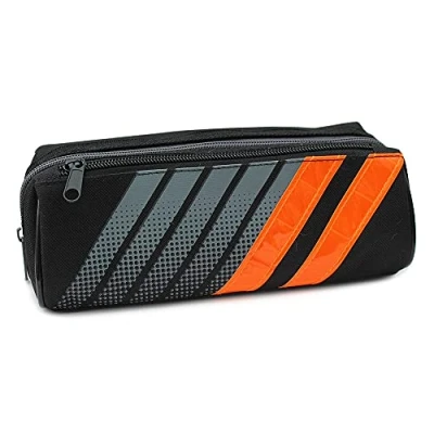 Image of Fashion Stationery Black Grey Pencil Case 2 Zip Orange Stripes Boys Girls Teenagers Kids Sporty Back to Secondary High School Cases