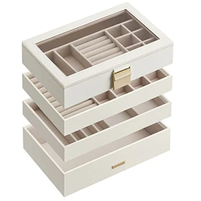 Image of SONGMICS Stackable Jewellery Trays, 4 Tier Box, Large Case, Clear Glass Lid, 17 x 28 18.3 cm, for Dressing Table, Gift Idea, Cloud White JBC164W01