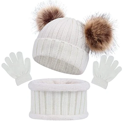 Image of 3PCS Knitted Beanie Hat Scarf Gloves Set Baby Girls Winter Thick Pom Cap Neck Warmer Boys Mittens for 1 6 Years old, Accessories Sets Children Outdoor Sports (White)