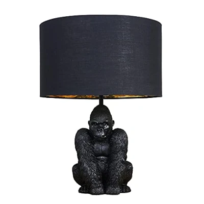 Image of MiniSun Modern Matt Black Sitting Gorilla Table Lamp with a Black/Gold Drum Shade Complete 4w LED Golfball Bulb [3000K Warm White]