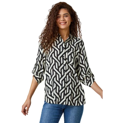 Image of Roman Originals Shirt for Women Ladies Cotton Blouse Button Through Tunic Printed Top Work Long Sleeve Smart Casual Going Out Office V Neck Everyday Evening Event Black White Size 10