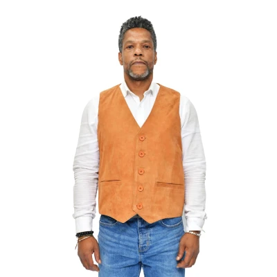 Image of Men&#039;s Smart Real Suede Leather Tan Gilet Waistcoat Biker Fashion Vest 5XL