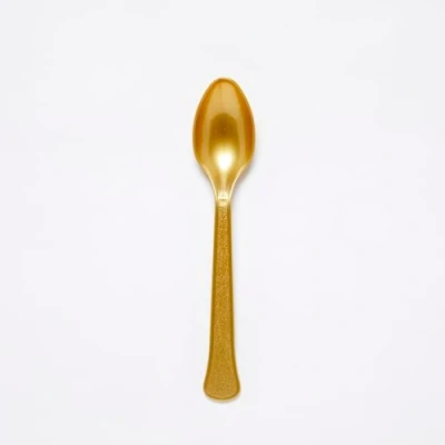 Image of Amscan 9915405 214 Gold Eco Friendly Re usable Dishwasher Safe Plastic Party Spoons 24 Pack