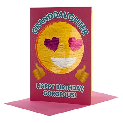 Image of Hallmark Reversible Sequin Granddaughter Birthday Card &#039;Emoji&#039; Medium