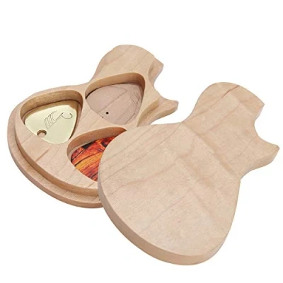 Image of Wood Guitar Pick Box, Maple Solid Box Holder with 3 Picks Guitarist Gifts Musical Instrument Accessories