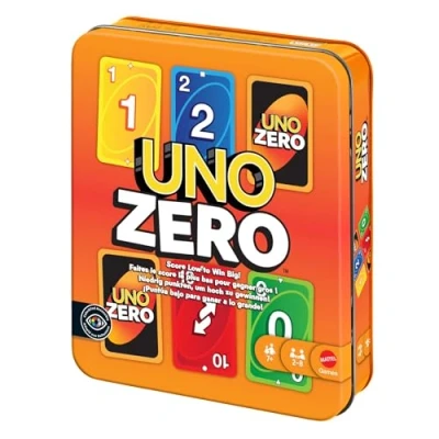 Image of Mattel Games UNO Zero Card Game in Storage &amp; Travel Tin for Kid, Adult Family Nights Parties, Includes Deck Scorecard, 2 to 8 Players Ages 7+ Years, JLK16
