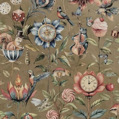 Image of Curious Creatures Eclectic Hand Drawn Style Animals and Objects Wallpaper Perfect for Restrooms, Feature Walls, Hallways in Gold Holden 13920