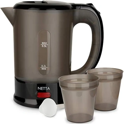 Image of NETTA 0.5L Travel Kettle with 2 Cups Lightweight and Space Saving Boil Dry Protection Auto Shut Off Ideal for Caravans, Suitcases, Dormitories Black 1100W