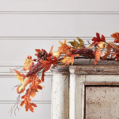 Image of Lights4fun 1.5m Artificial Oak Maple Leaf Pinecone &amp; Berry Foliage Acorn Autumn Garland Indoor Decoration
