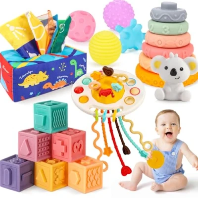 Image of Gontence Baby Toys 12 Months, 5 in 1 Montessori for year old, Sensory Stacking Blocks Tissue Box Toy Balls Babies Rings Gifts 6 Months