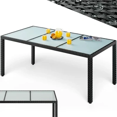 Image of CASARIA® 190x90cm Polyrattan and Frosted Glass Garden Dining Table Weatherproof Outdoor Rattan Balcony Height Adjustable Feet 5mm Safety Patio Party Furniture Black