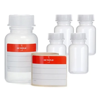 Image of 5x 100 ml wide neck bottles made of LDPE with screw cap, empty chemical bottles, laboratory lid as storage containers for laboratory, kitchen or hobby
