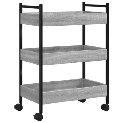 Image of vidaXL Kitchen Trolley Cart in Grey Sonoma Engineered Wood with Steel Frame, Ample Storage, Rolling Wheels Brakes, Versatile Use Home