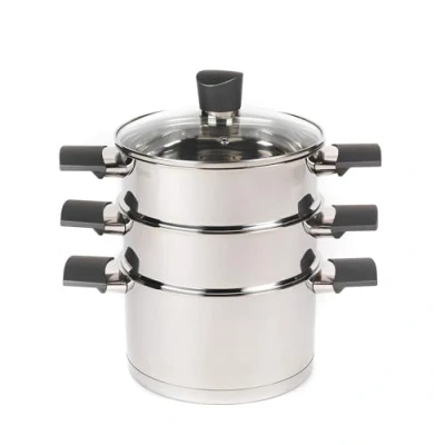 Image of Russell Hobbs RH01170EU Excellence 3 Tier Steamer 18 cm Cooking Pots with Tempered Glass Lid, Non Stick Coating, Stainless Steel, Vegetable Steaming Pan, Induction Suitable, Soft Touch Handles
