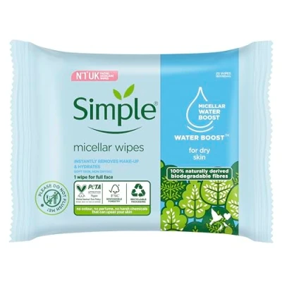 Image of Simple Kind to Skin Micellar Biodegradable Cleansing Wipes 20